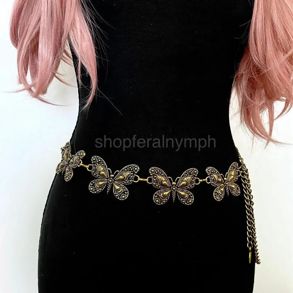 Antique Gold Y2K Butterfly Fairycore Chain Belt, Fits 15-46 Inches, X7GA1273